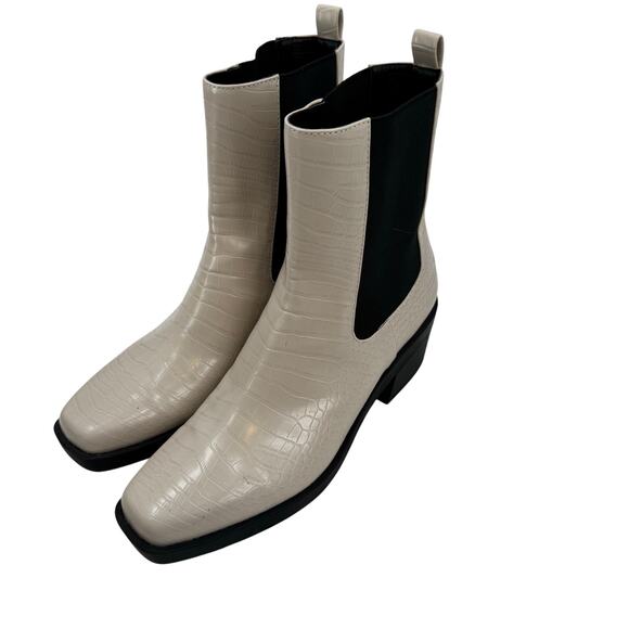 Open Edit Rectangular Toe Stacked Heel Croc-Embossed Ayla Chelsea Ivory boots - Picture 1 of 8